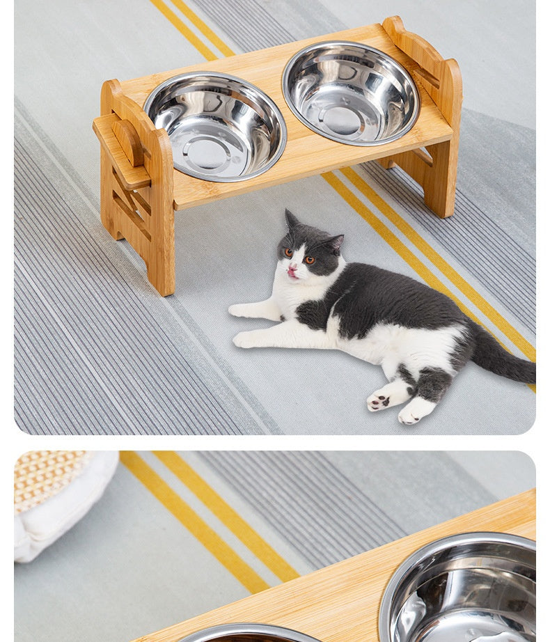 Pet Cat Food Double Bowl Bracket Stainless Steel Dining Trolley