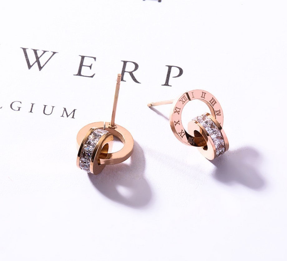 Stainless Steel Rose Gold Double Ring Stud Earrings