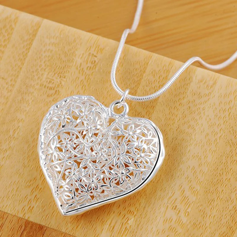 New 925 Sterling Silver 18-30 Inch Carved Heart Pendant Snake Chain Necklace For Women Fashion Wedding Party Charm Jewelry