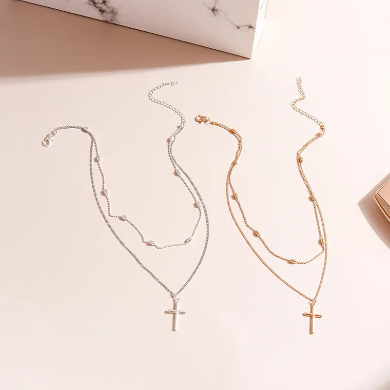 Romantic Cross Pendants Necklace for Women Gold Silver Color Multilayered Oval Beads Chain Necklace Minimalism Female Jewelry