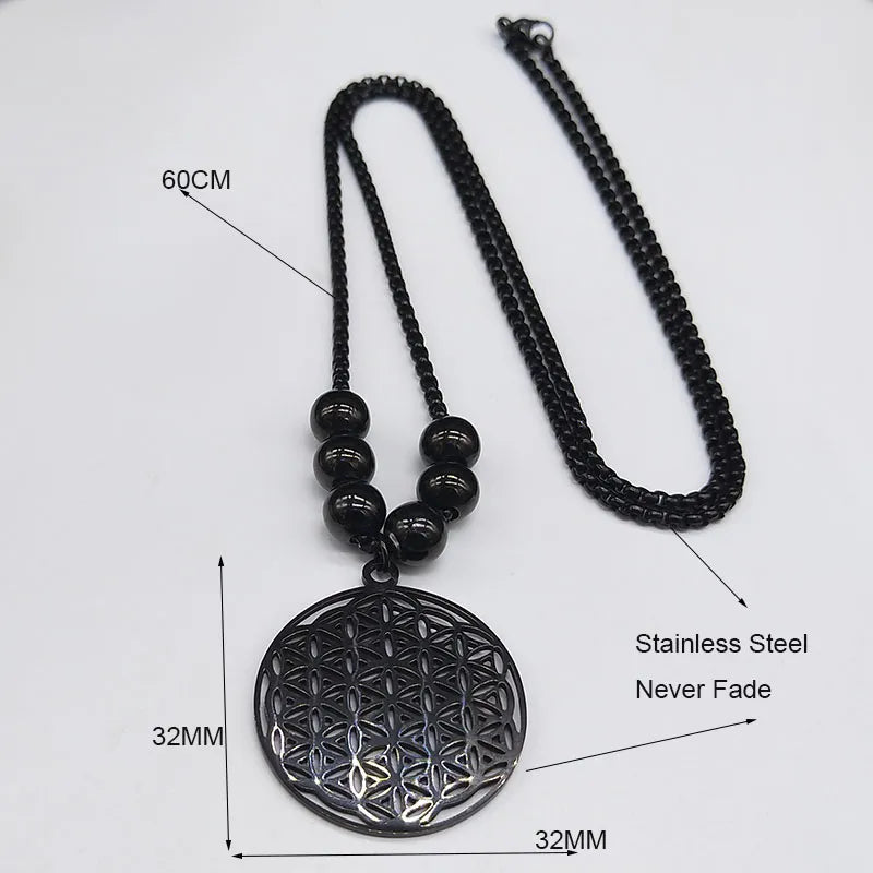 Flower of Life Stainless Steel Mandala Metatron Necklaces Sacred Geometry Long Black Bead Necklace Jewerly flor de la vida