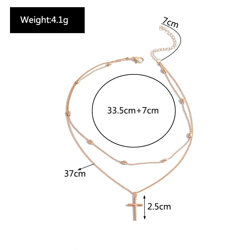 Romantic Cross Pendants Necklace for Women Gold Silver Color Multilayered Oval Beads Chain Necklace Minimalism Female Jewelry