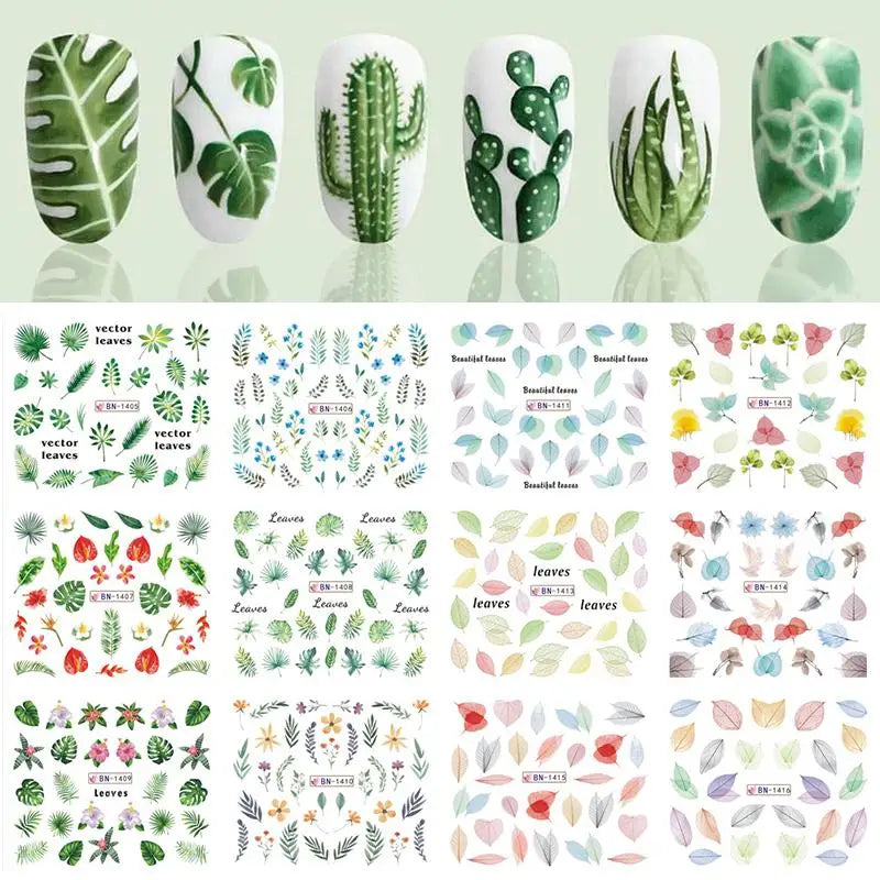 12 Designs Nail Stickers Set Mixed Floral Geometric Nail Art Water Transfer Decals Sliders Flower Leaves Manicures Decoration