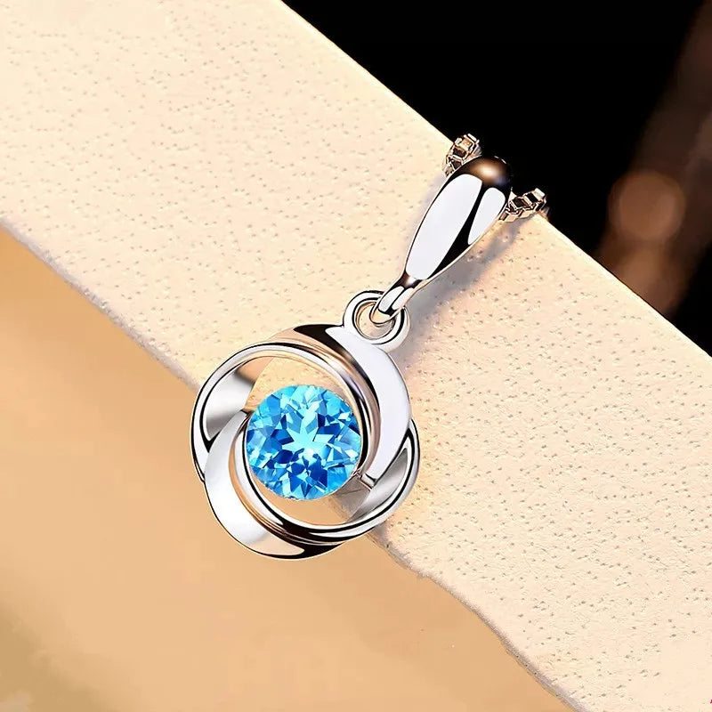 Blue Crystal Pendant S925 Sterling Sliver Necklace Sapphire Pendant Women