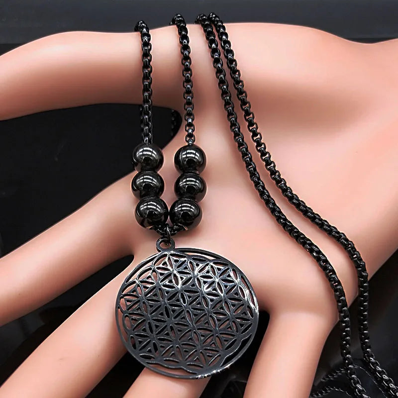 Flower of Life Stainless Steel Mandala Metatron Necklaces Sacred Geometry Long Black Bead Necklace Jewerly flor de la vida