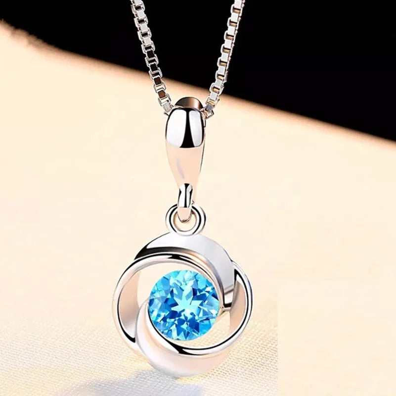 Blue Crystal Pendant S925 Sterling Sliver Necklace Sapphire Pendant Women