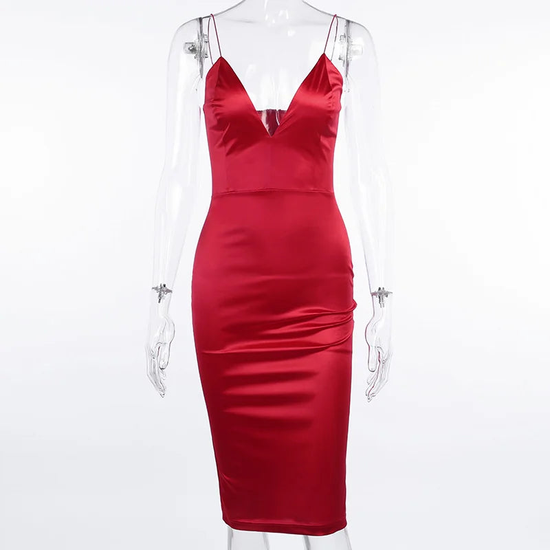 WannaThis Red Satin Deep V-Neck Summer Women Bodycon Knee-Dress sleeveless backless Elegant Party Outfits Sexy Slim Club Clothes