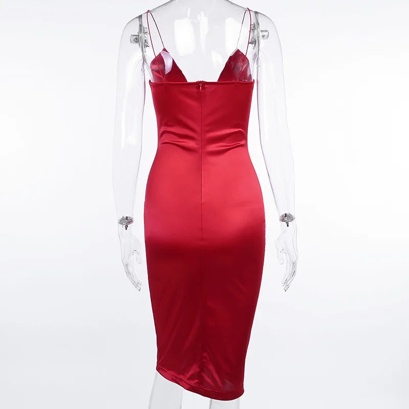 WannaThis Red Satin Deep V-Neck Summer Women Bodycon Knee-Dress sleeveless backless Elegant Party Outfits Sexy Slim Club Clothes