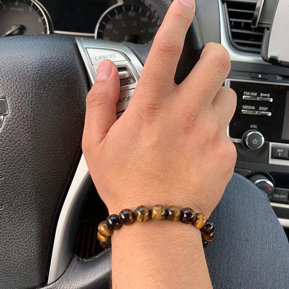 10MM Natural Tiger Eye Stone Men Bracelet Fashion Handmade Braided Macrame Bead Bracelet For Men Jewelry Gift