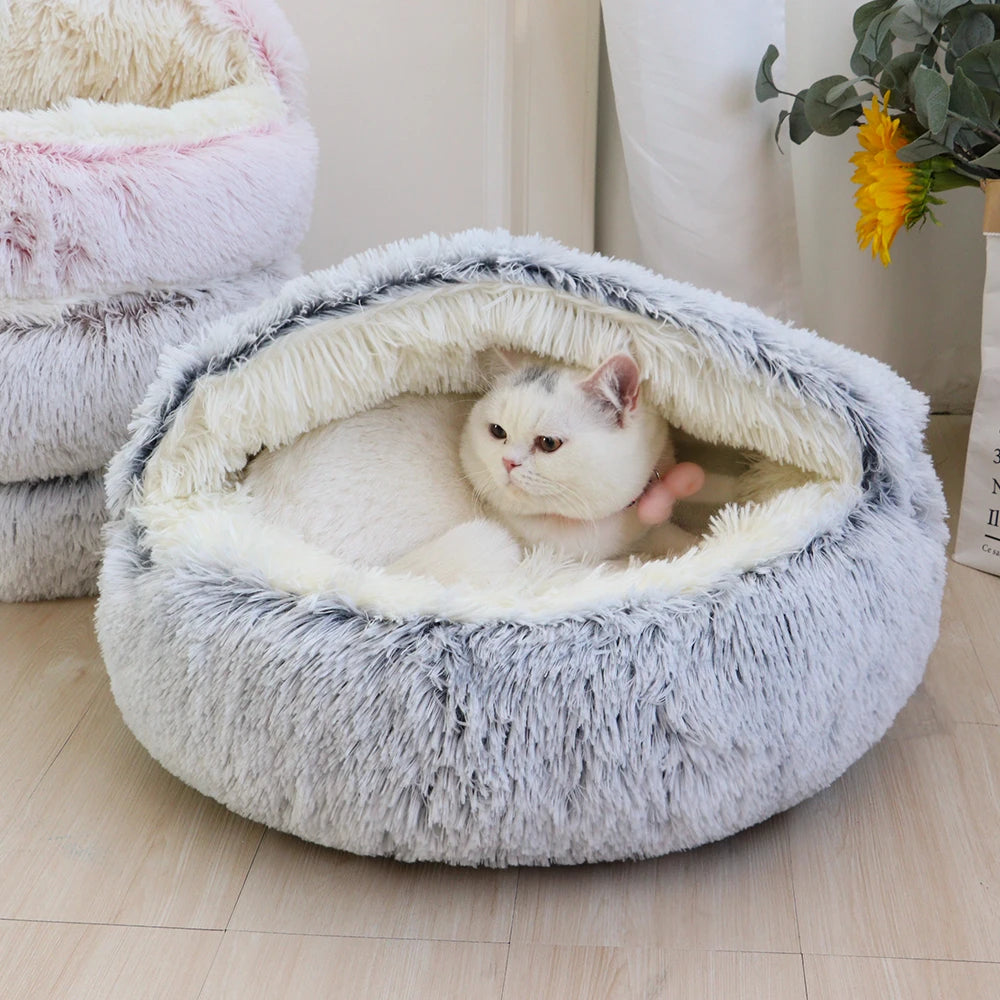 Round Cat Bed Winter Warm Soft Plush Long Plush Cat Cushion House 2 In 1 Sleeping Nest Kennel For Small Dogs Cats