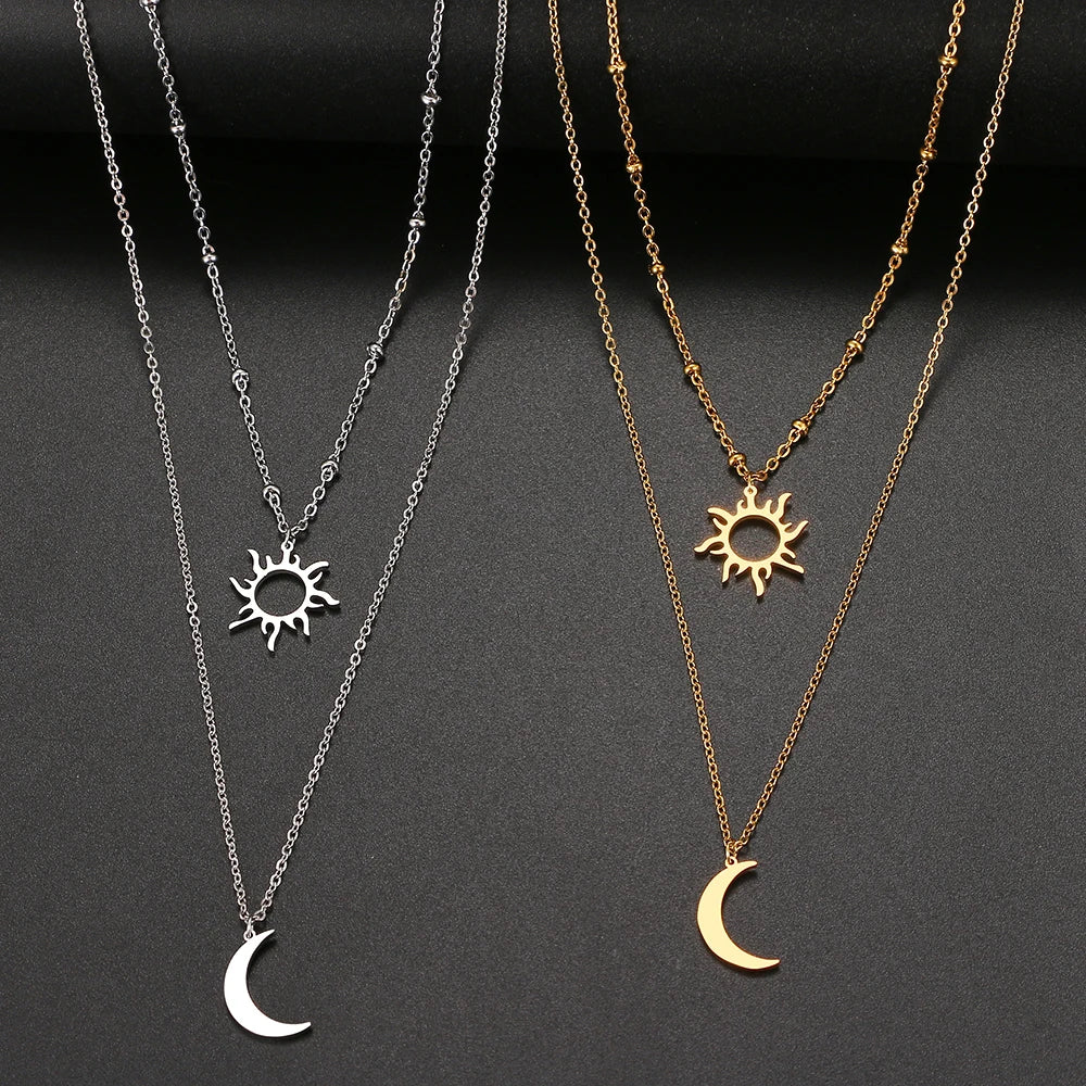 Stainless Steel Fashion Pendant Multi-layer Style Sun Totem Moon Beaded chain Necklace For Women Jewelry Party Friend Gifts NEW