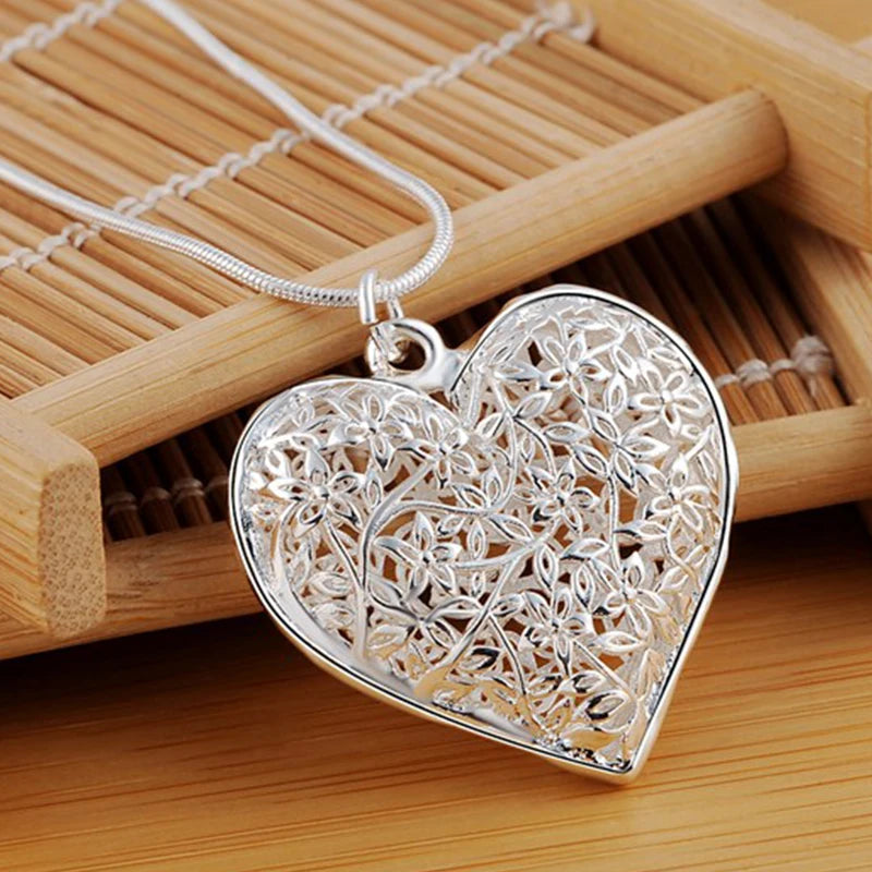 Original 925 Sterling Silver 18-30 Inch Carved Heart Pendant Snake Chain Necklace For Women Fashion Wedding Party Charm Jewelry