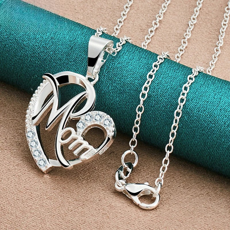 925 Sterling Silver 18-30 Inch Chain AAA Zircon Mom Heart Pendant Necklace Woman