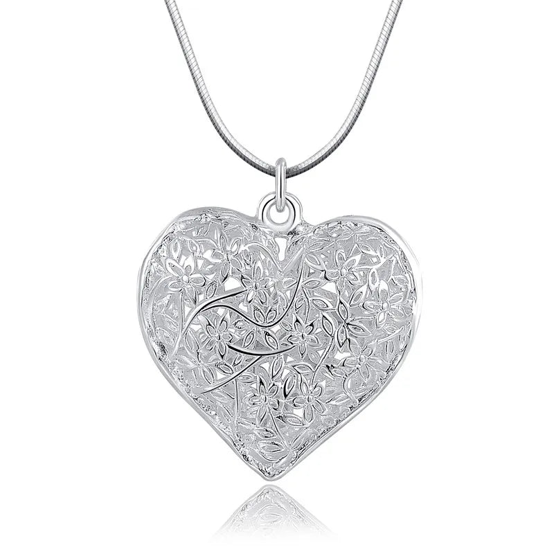 Original 925 Sterling Silver 18-30 Inch Carved Heart Pendant Snake Chain Necklace For Women Fashion Wedding Party Charm Jewelry