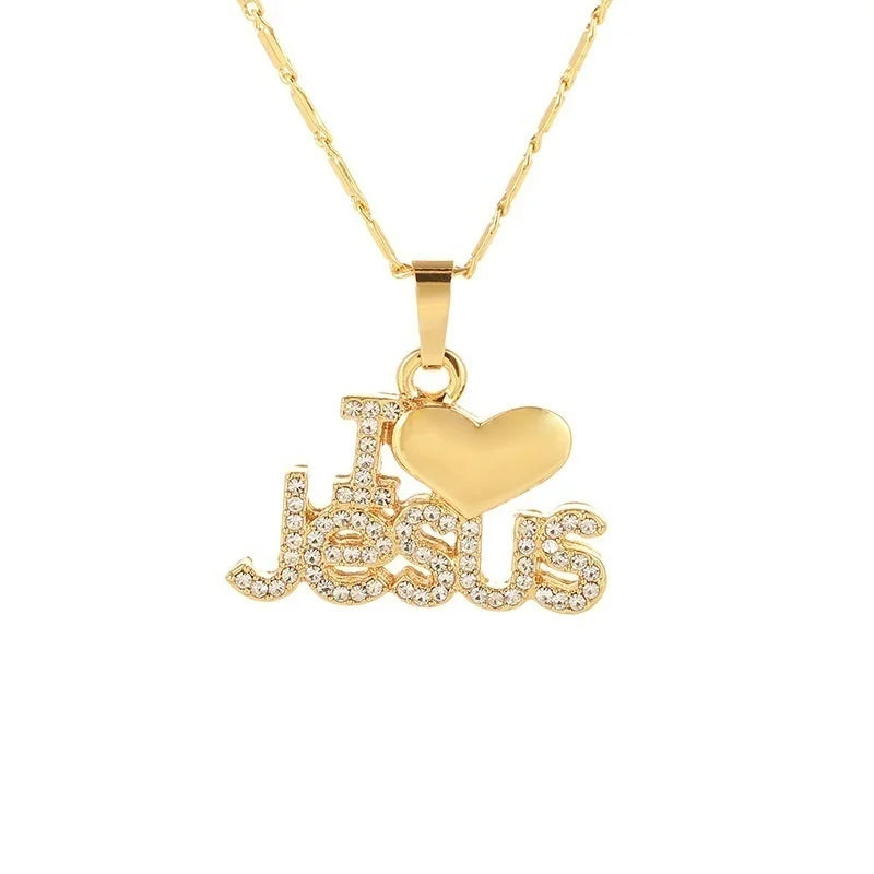 Letter Jesus Heart Pendant Necklace Women Crystal Inlaid Metal Sliding Pendant