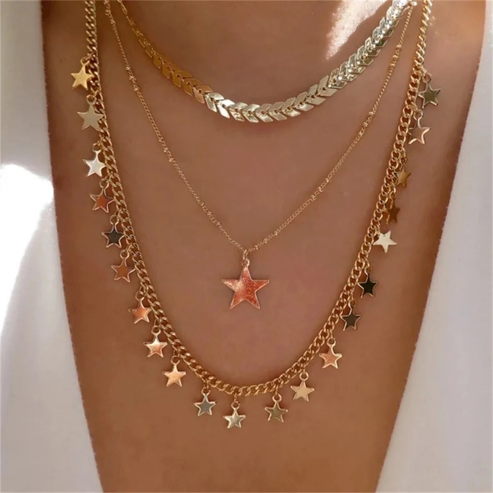 Bls-miracle Fashion Gold Color Heart-Shaped Necklace For Women Trendy Multi-Layer Pendant Necklaces Set Jewelry Gifts