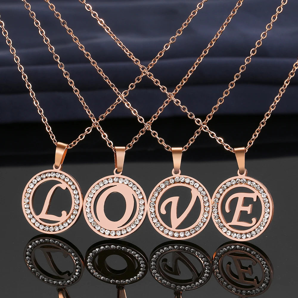 316L Stainless Steel 26 letters A-Z Necklace Crystal Rhinestone Necklaces For Women