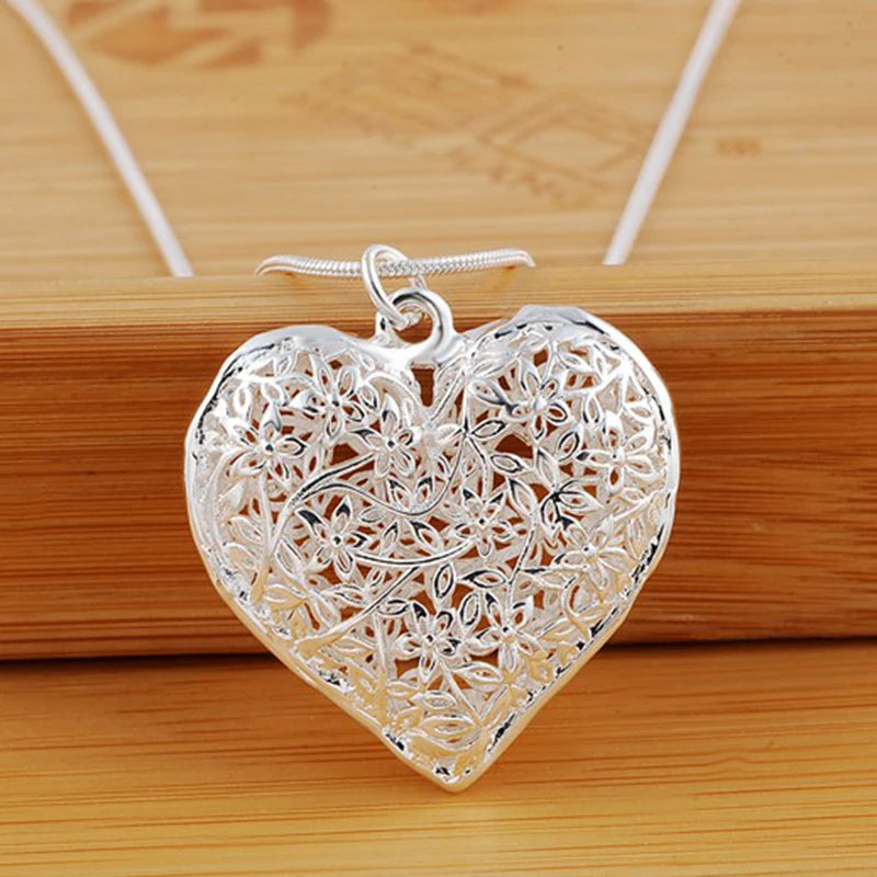 New 925 Sterling Silver 18-30 Inch Carved Heart Pendant Snake Chain Necklace For Women Fashion Wedding Party Charm Jewelry