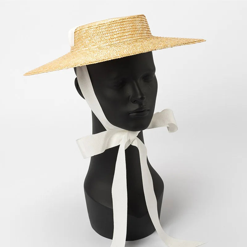 Wide Brim Boater Hat 10cm 15cm Brim Straw Hat White Black Ribbon Tie Sun Hat