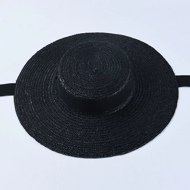 Wide Brim Boater Hat 10cm 15cm Brim Straw Hat White Black Ribbon Tie Sun Hat