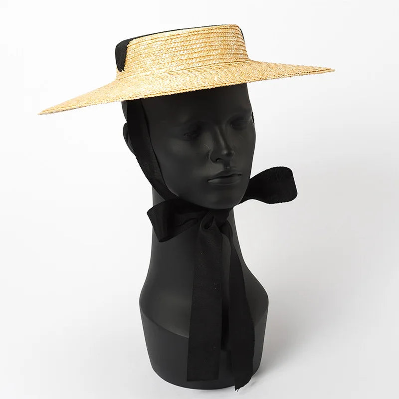 Wide Brim Boater Hat 10cm 15cm Brim Straw Hat White Black Ribbon Tie Sun Hat