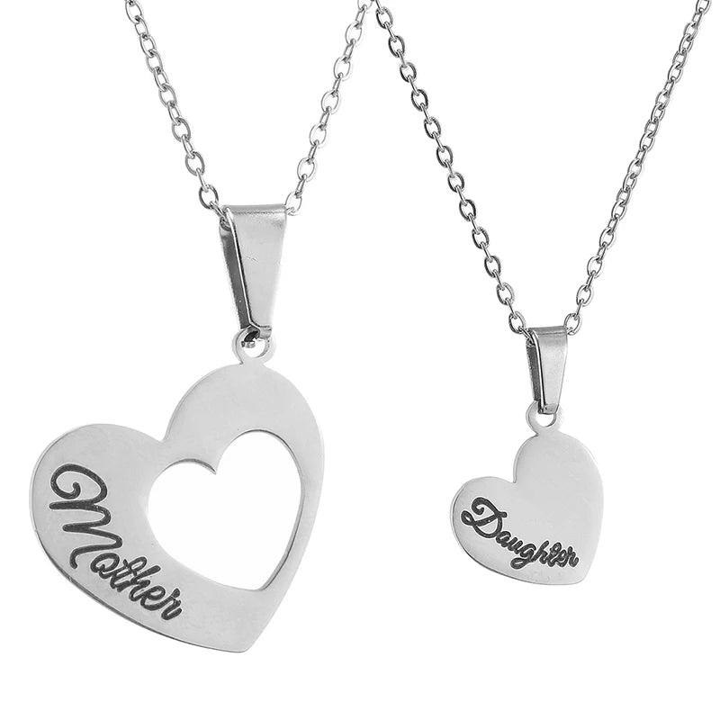 2pcs/Set Mother Daughter Heart Necklace Stainless Steel Engraved Letter Love