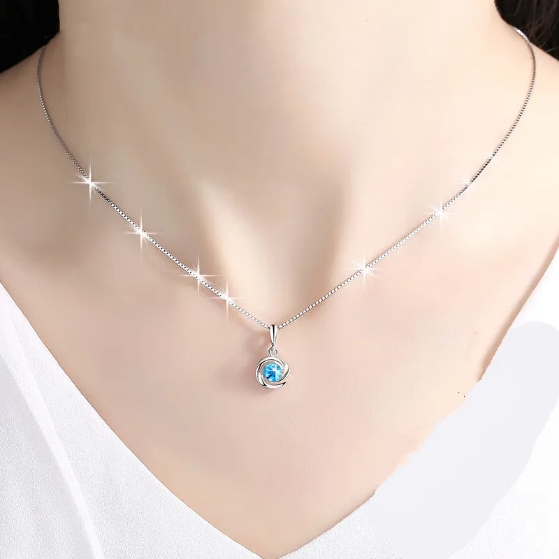 Blue Crystal Pendant S925 Sterling Sliver Necklace Sapphire Pendant Women