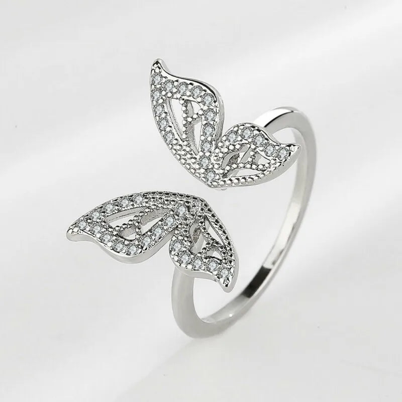 Silver Color Rings For Women Butterfly Gold Plated Opening Handmade