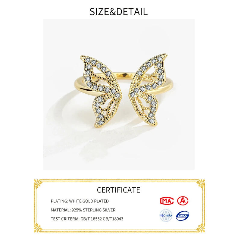 Silver Color Rings For Women Butterfly Gold Plated Opening Handmade