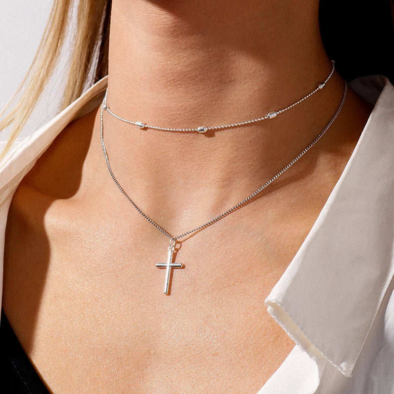 Romantic Cross Pendants Necklace for Women Gold Silver Color Multilayered Oval Beads Chain Necklace Minimalism Female Jewelry