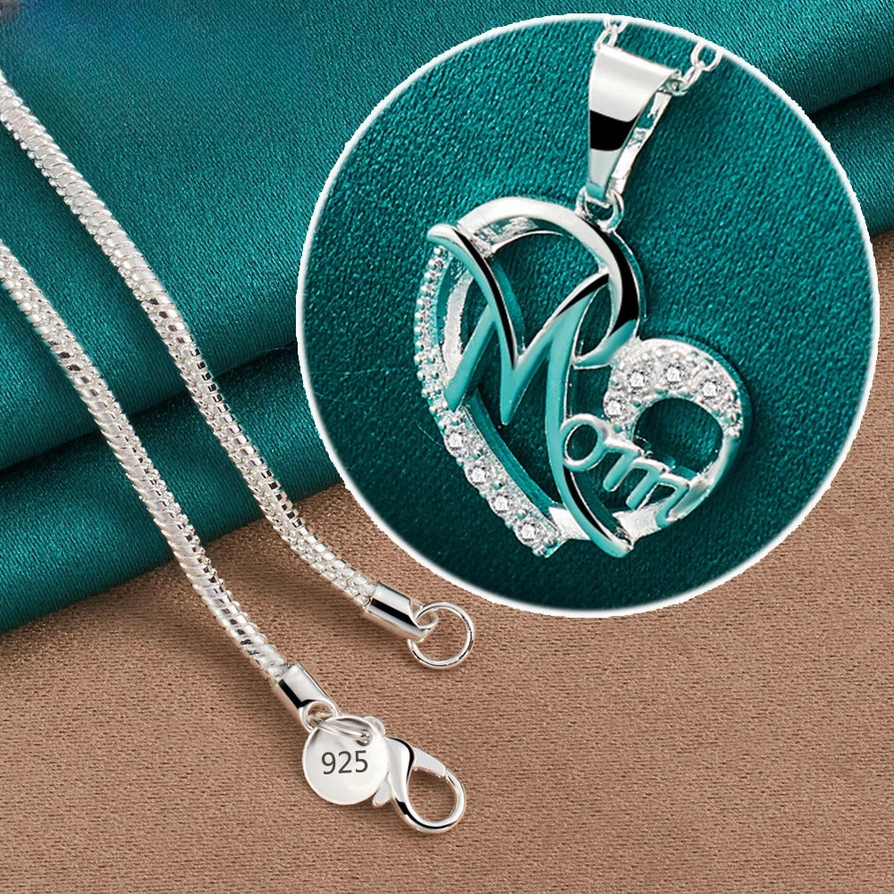 925 Sterling Silver 18-30 Inch Chain AAA Zircon Mom Heart Pendant Necklace Woman