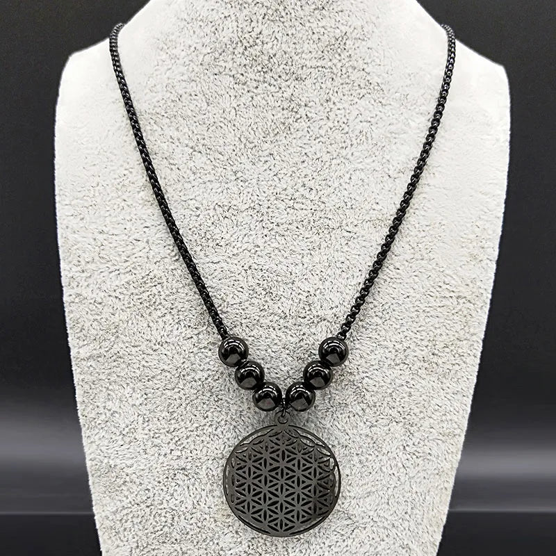 Flower of Life Stainless Steel Mandala Metatron Necklaces Sacred Geometry Long Black Bead Necklace Jewerly flor de la vida