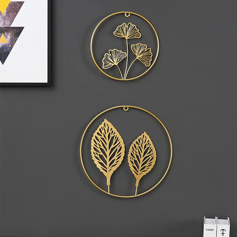 Nordic Style Wall Hanging Decor Ginkgo Leaf Iron Art Round Wall Decoration Pendant Living Room Sofa Background Wall Porch Mural