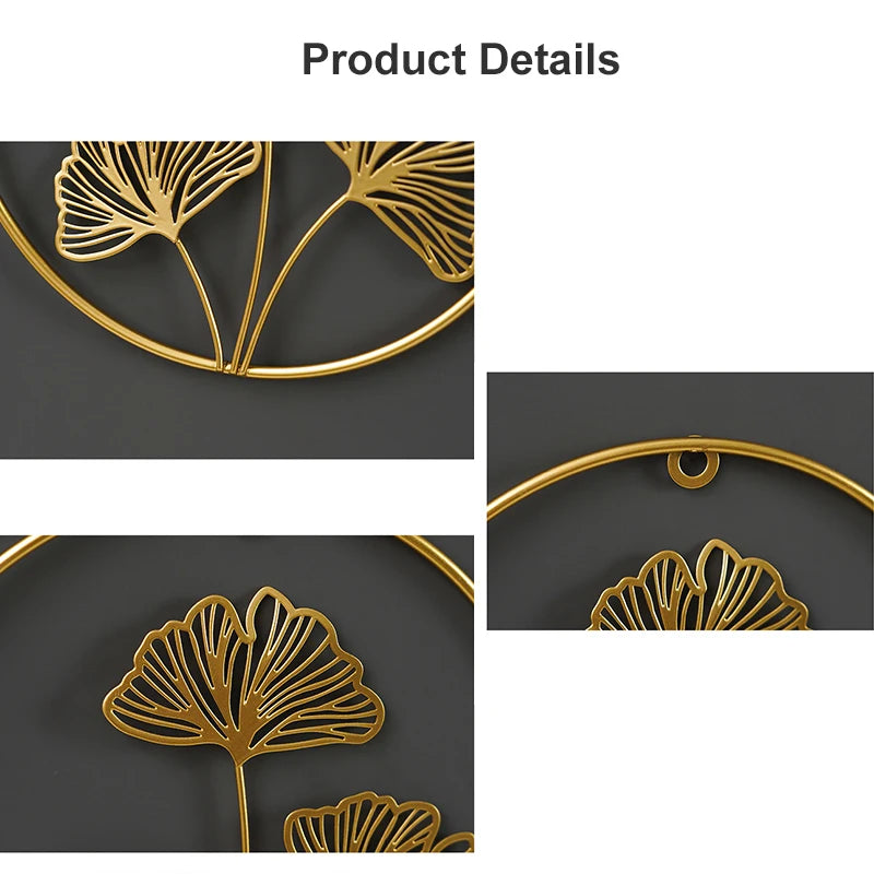 Nordic Style Wall Hanging Decor Ginkgo Leaf Iron Art Round Wall Decoration Pendant Living Room Sofa Background Wall Porch Mural