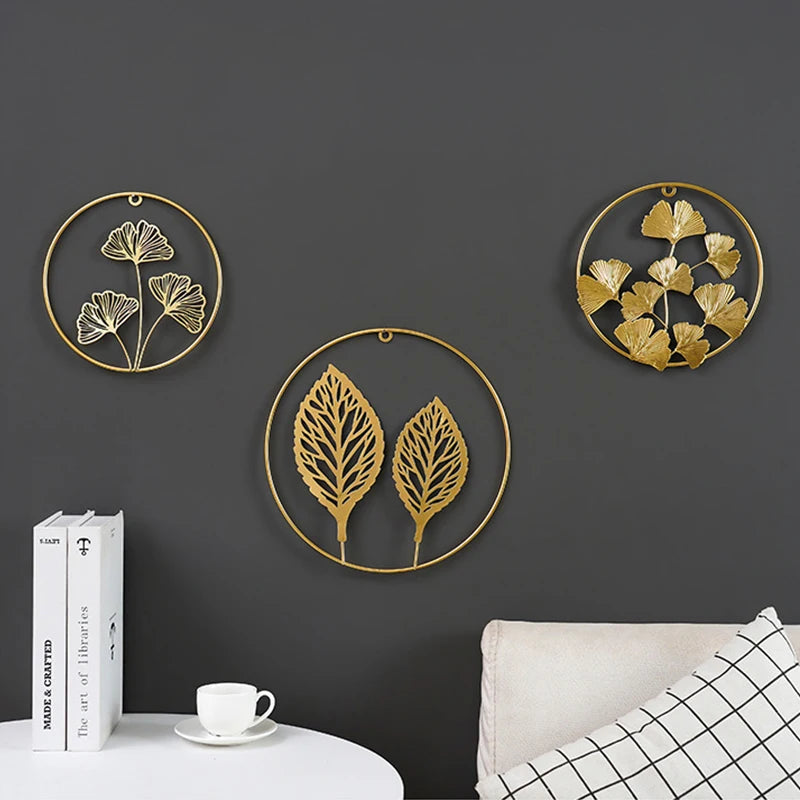 Nordic Style Wall Hanging Decor Ginkgo Leaf Iron Art Round Wall Decoration Pendant Living Room Sofa Background Wall Porch Mural