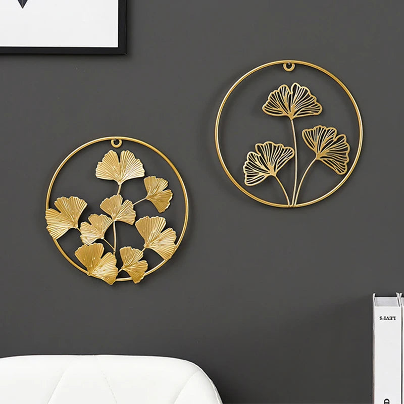 Nordic Style Wall Hanging Decor Ginkgo Leaf Iron Art Round Wall Decoration Pendant Living Room Sofa Background Wall Porch Mural