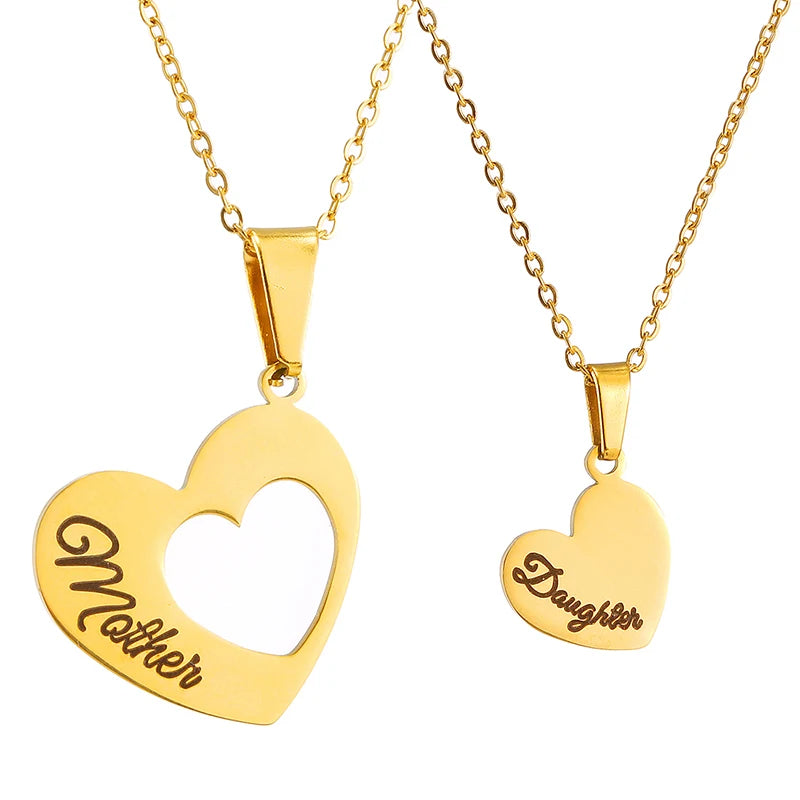 2pcs/Set Mother Daughter Heart Necklace Stainless Steel Engraved Letter Love