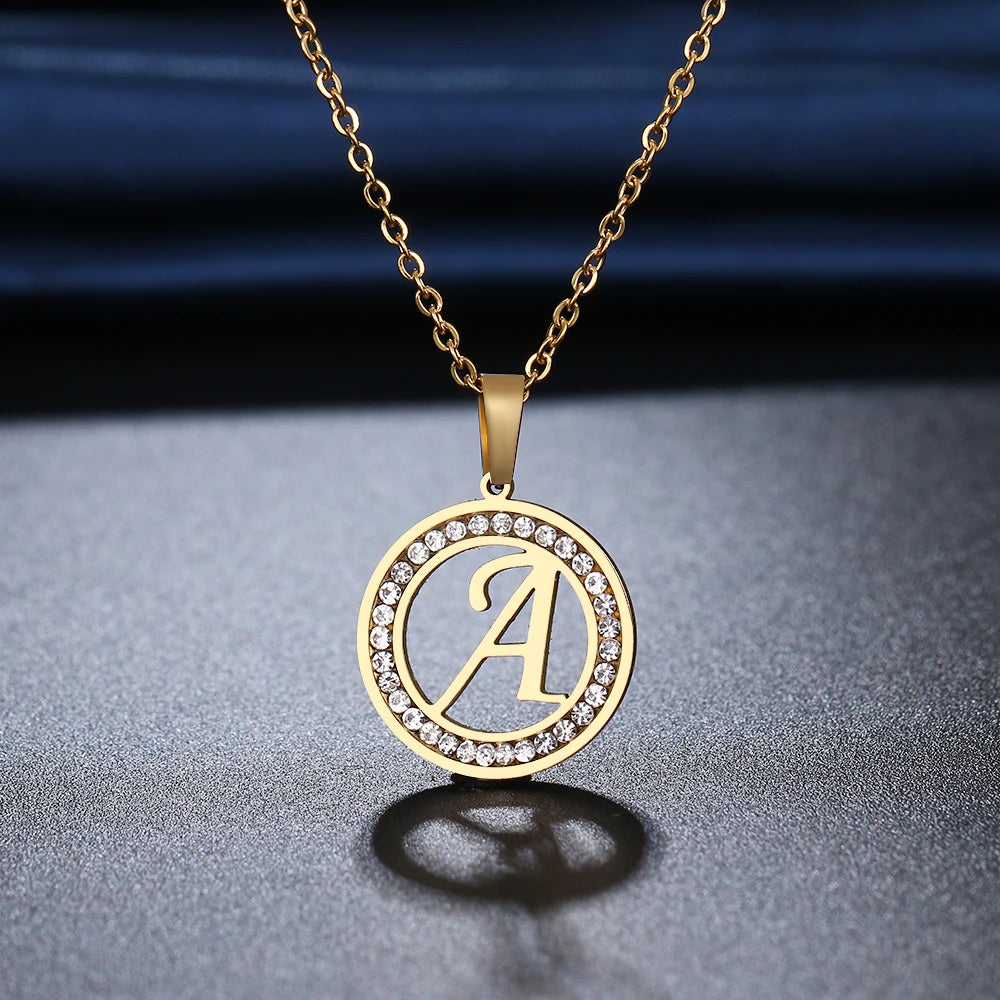 316L Stainless Steel 26 letters A-Z Necklace Crystal Rhinestone Necklaces For Women