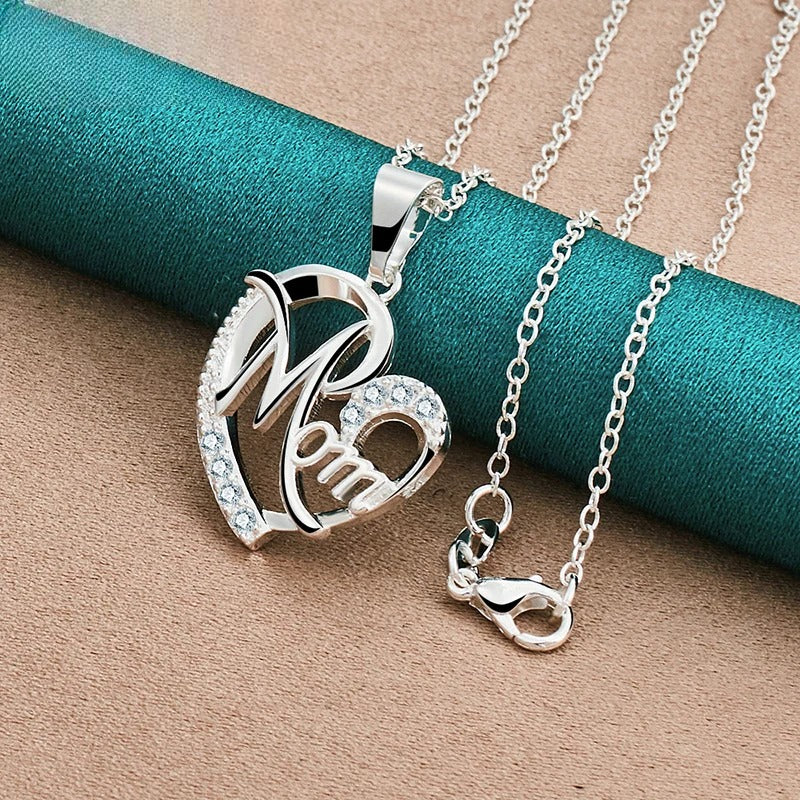 925 Sterling Silver 18-30 Inch Chain AAA Zircon Mom Heart Pendant Necklace Woman