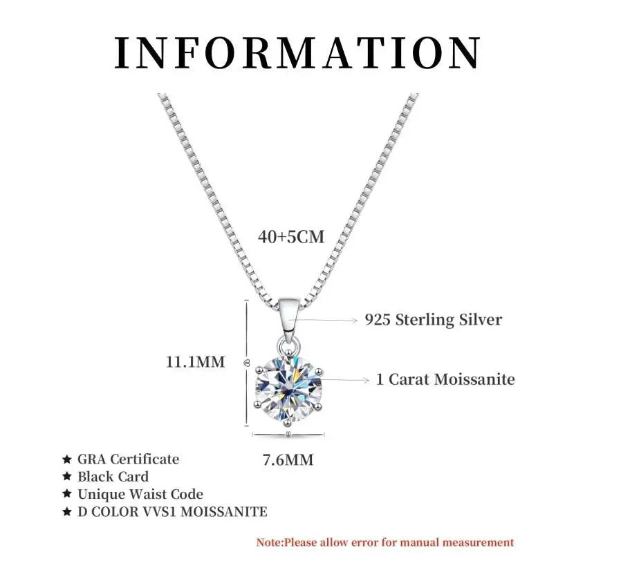 1ct 2ct Moissanite Pendant Necklaces For Women Sterling Silver 925 D Color VVS Lab Diamond Fine Jewelry Wedding Party Gift