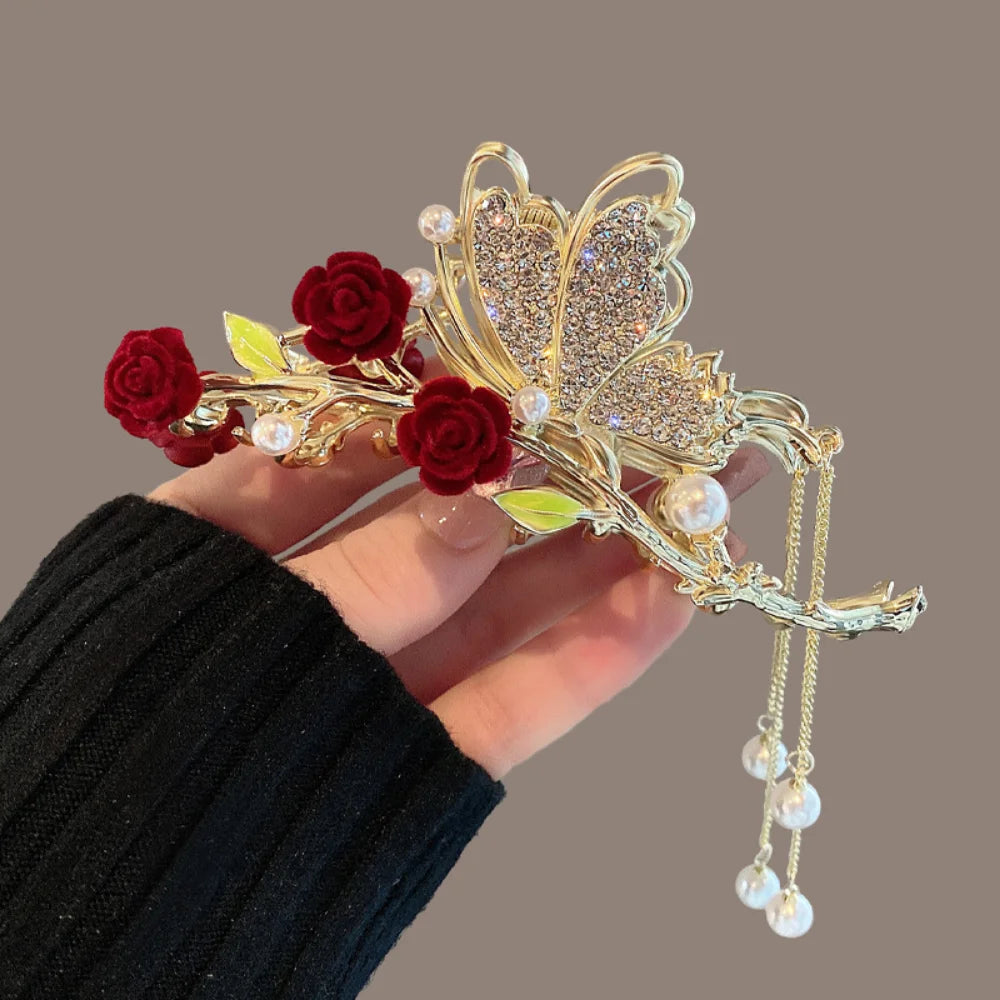 New Fashion Antique Red Rose Butterfly Tassel Hair Clip Female Back Head Large Grab Clip Advanced Sense Shark Clip Headwear