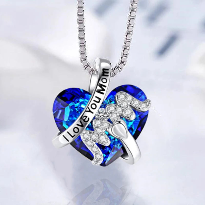 "Mom" Pendant Necklace Red Blue Heart Crystal Ladies Mother's Day Gift