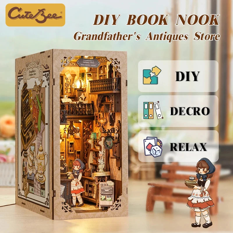 DIY Book Nook Kit, Doll House with Touch Light, Dust Cover, Retro 3D Bookshelf