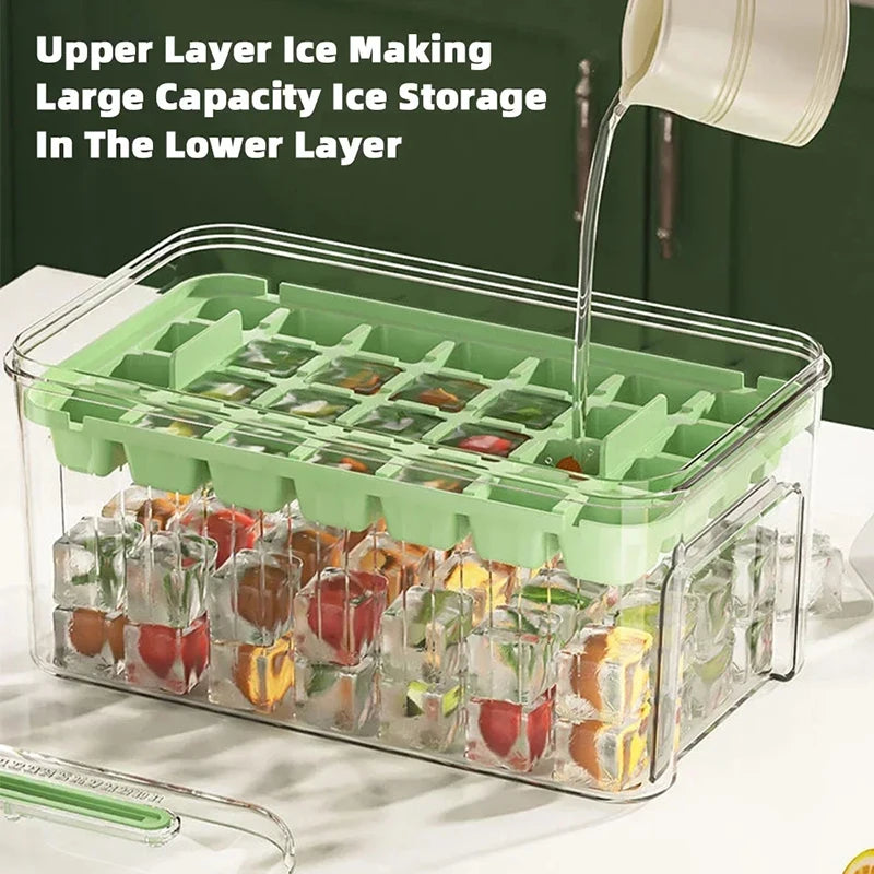 Food Grade Ice Box Tray Mold Press Type Ice Cube Tray with Storage Box 2 Layers Ice Cube Maker Drink Quick-freeze Kitchen Tools