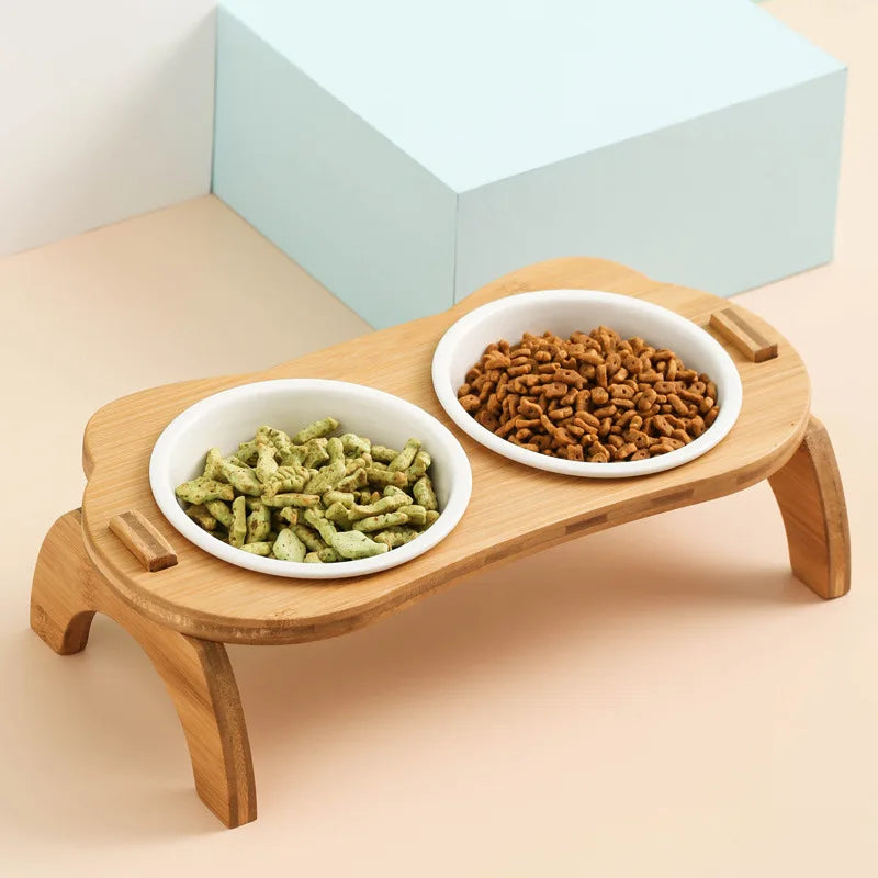 Elevated Bamboo Food Bowls for Cat and Dog Anti-Leak Pet Food Water Bowl Feeder