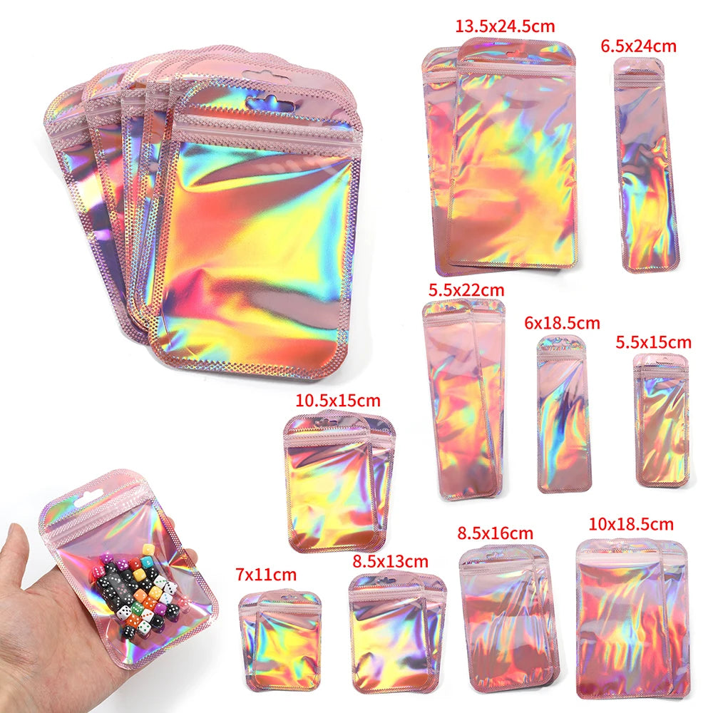 50pcs/lot Holographic Pink Self Sealing Plastic Bag Resealable Zip Lock Pouches Fo Jewellery