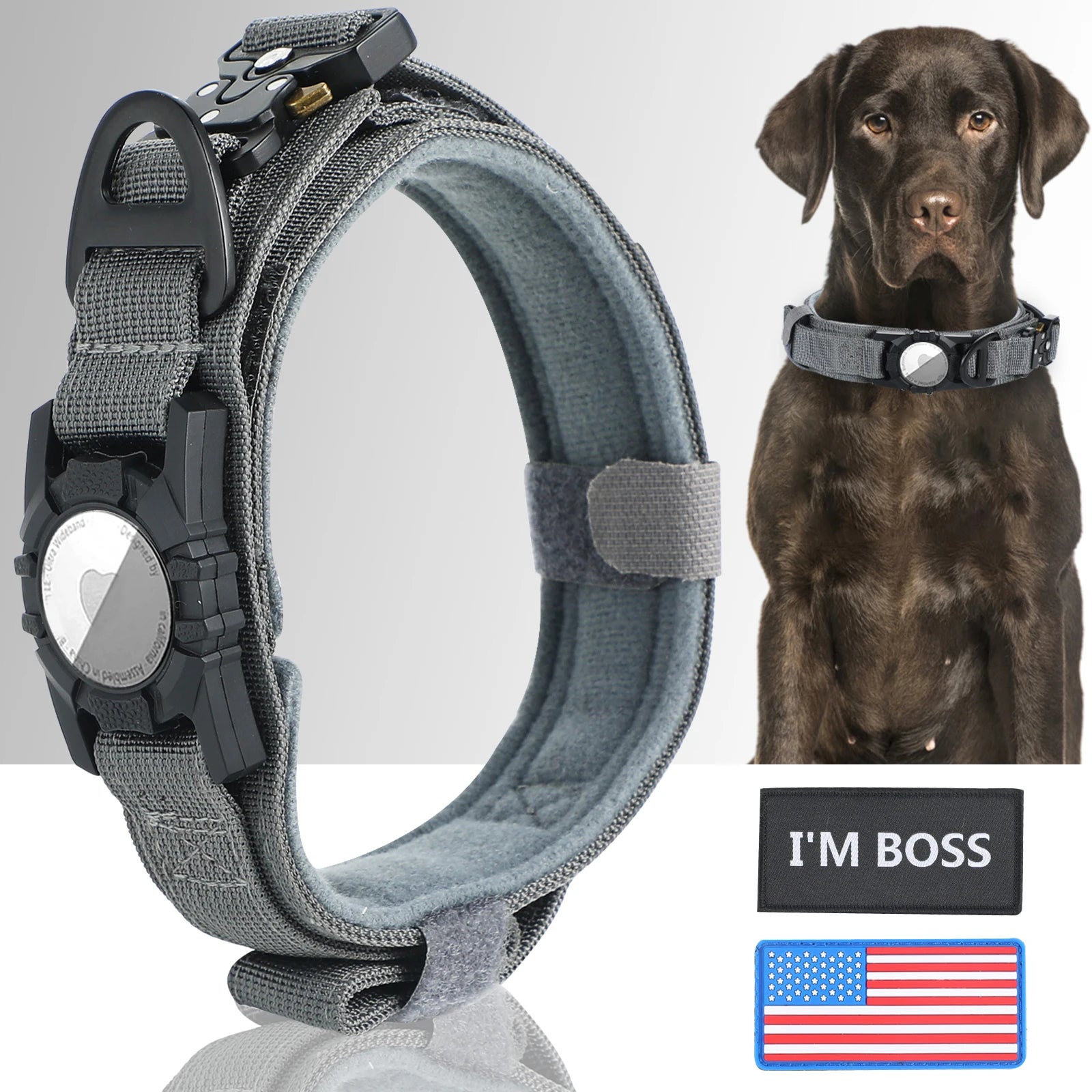 AirTag Dog Collar with Handle, Tactical Dog Collar for Large Medium Dogs, Military Dog with Metal Buckle for Large Dogs