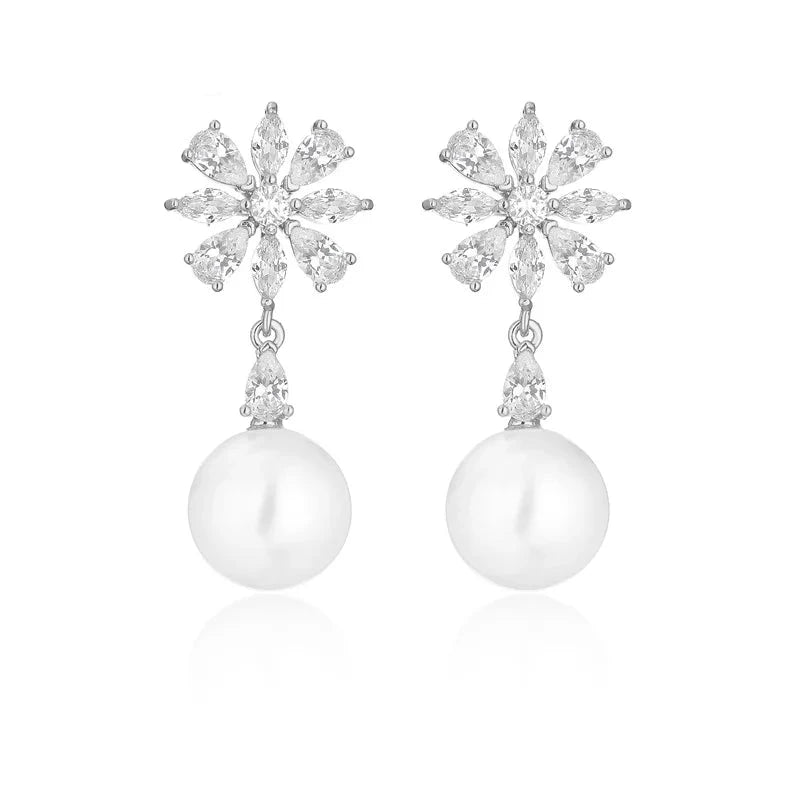 Zircon Flower Earrings for Women Exquisite Imitation Pearl Pendant Earring