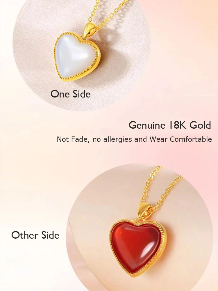 Real 18K Gold Necklace for Women AU750 Natural Red Agate and white fritillaria Heart Shape Pendants Original Gifts Fine Jewelry