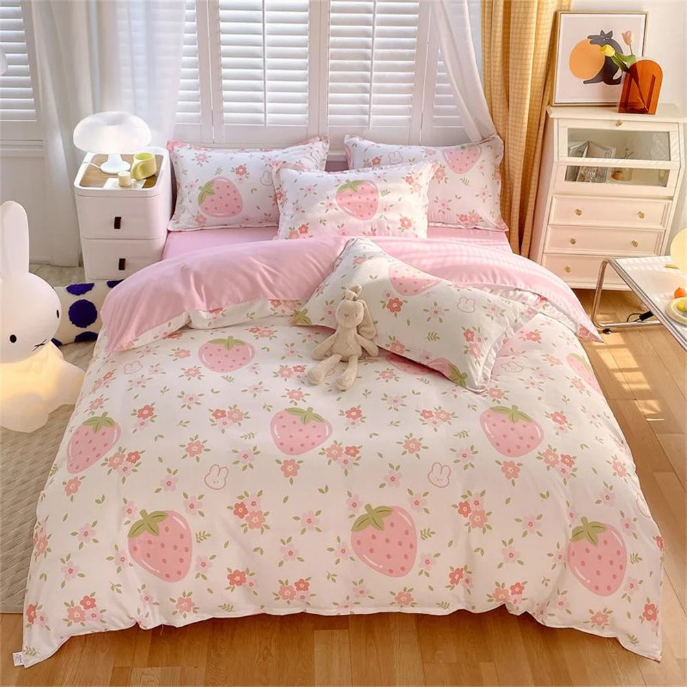 Cute Pink Strawberry Duvet Cover Flat Sheet Pillowcase Floral Bedding Set